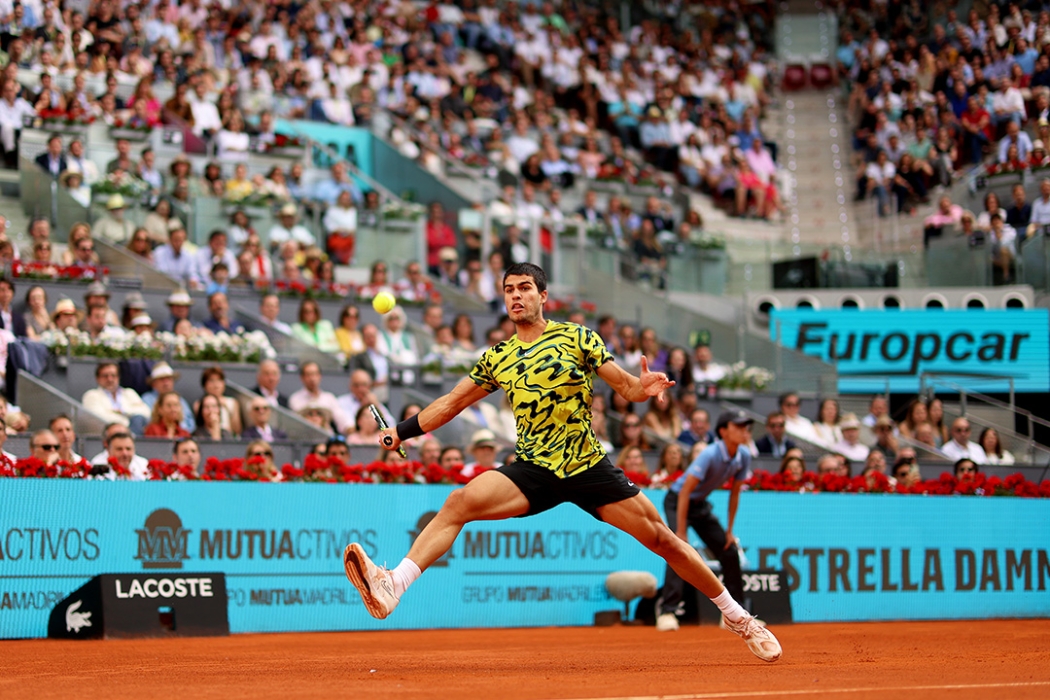 Carlos Alcaraz in action at the Madrid Open, where he defended his title in 2023