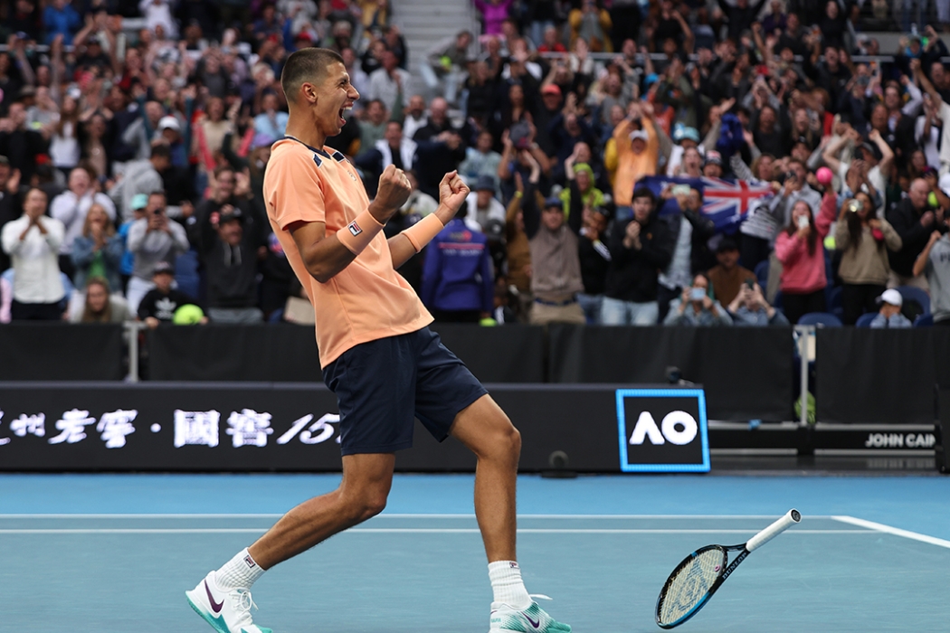 Alexei Popyrin celebrates his win over Taylor Fritz at John Cain Arena at Australian Open 2023