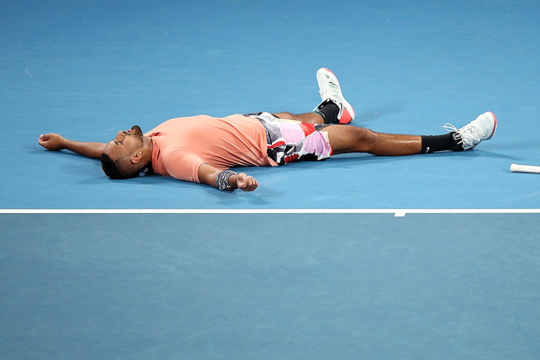 Nick Kyrgios celebrates his win over Karen Khachanov in the third round of Australian Open 2020