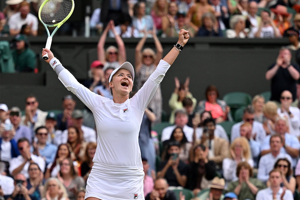 Barbora Krejcikova celebrates winning through to the Wimbledon final