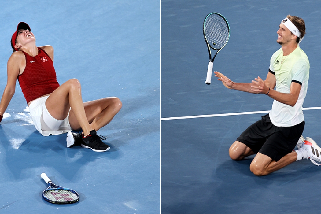 Tennis singles gold medallists Belinda Bencic and Alexander Zverev at the Tokyo 2020 Olympics